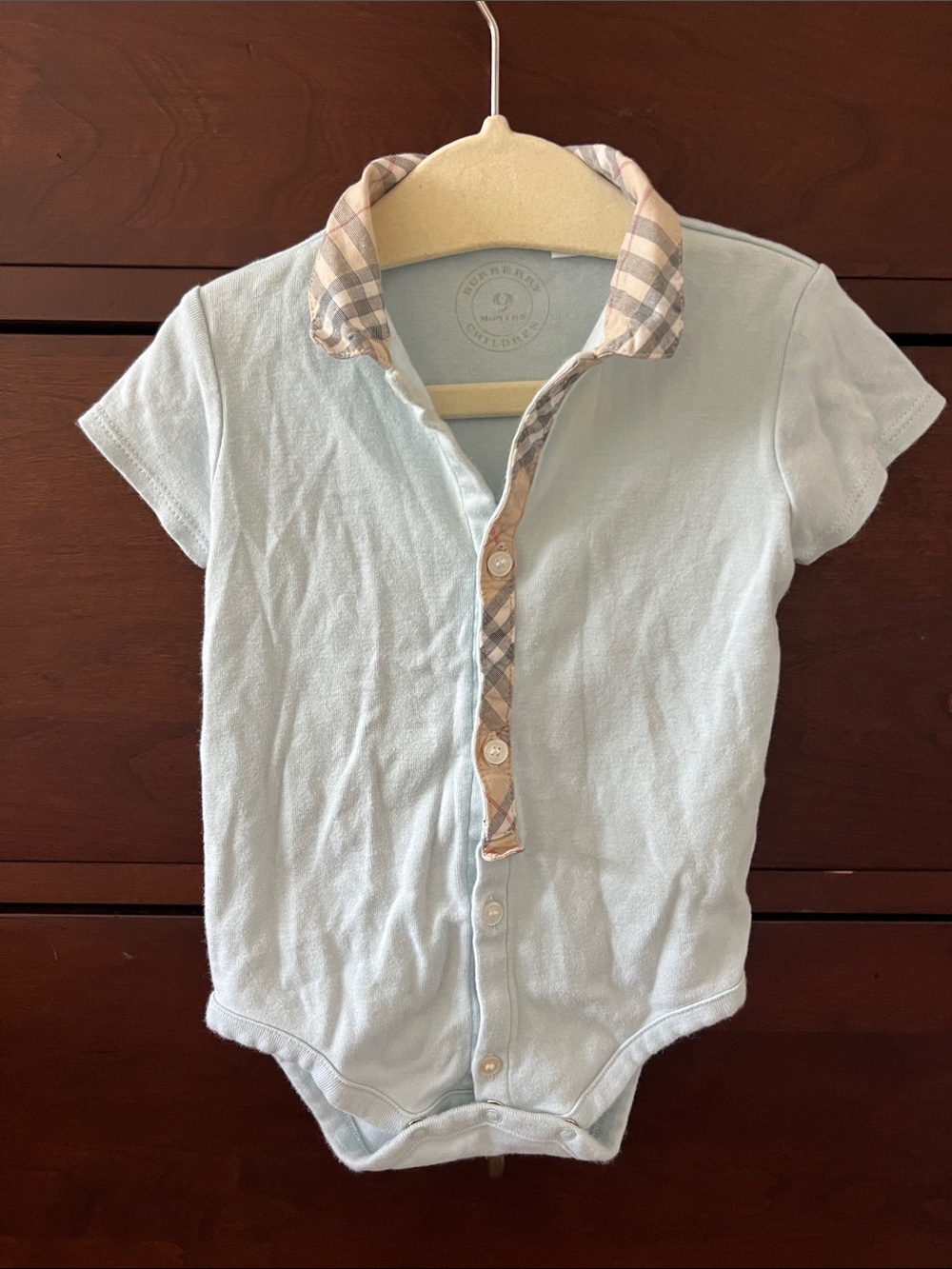 Burberry Light Blue Polo-Style Baby Bodysuit with Check Trim